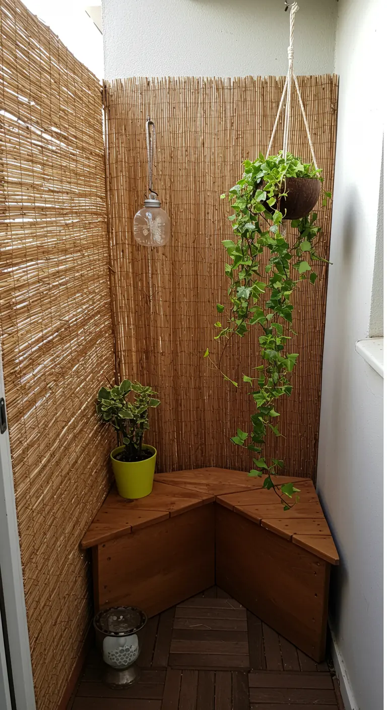 Coin intime sur un balcon avec un banc d'angle et un paravent en bambou.