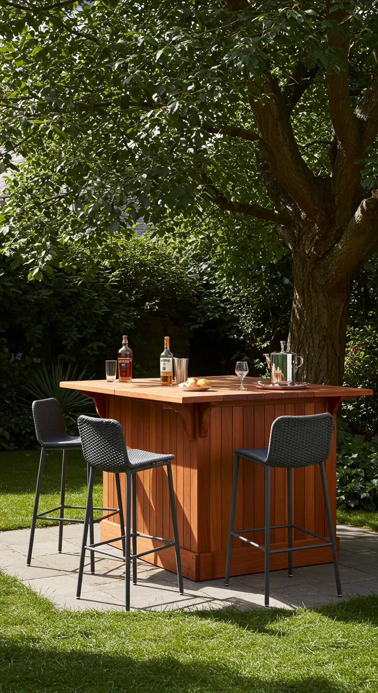 Bar carré en bois de cèdre sous un grand arbre avec trois tabourets noirs.