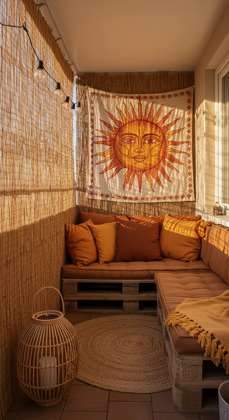 Balcon cosy avec des canapés en palettes, un paravent en bambou et une tapisserie soleil.