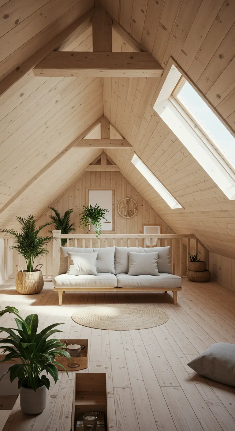 Salon mansardé avec charpente en bois clair, mobilier bas et plusieurs plantes vertes.