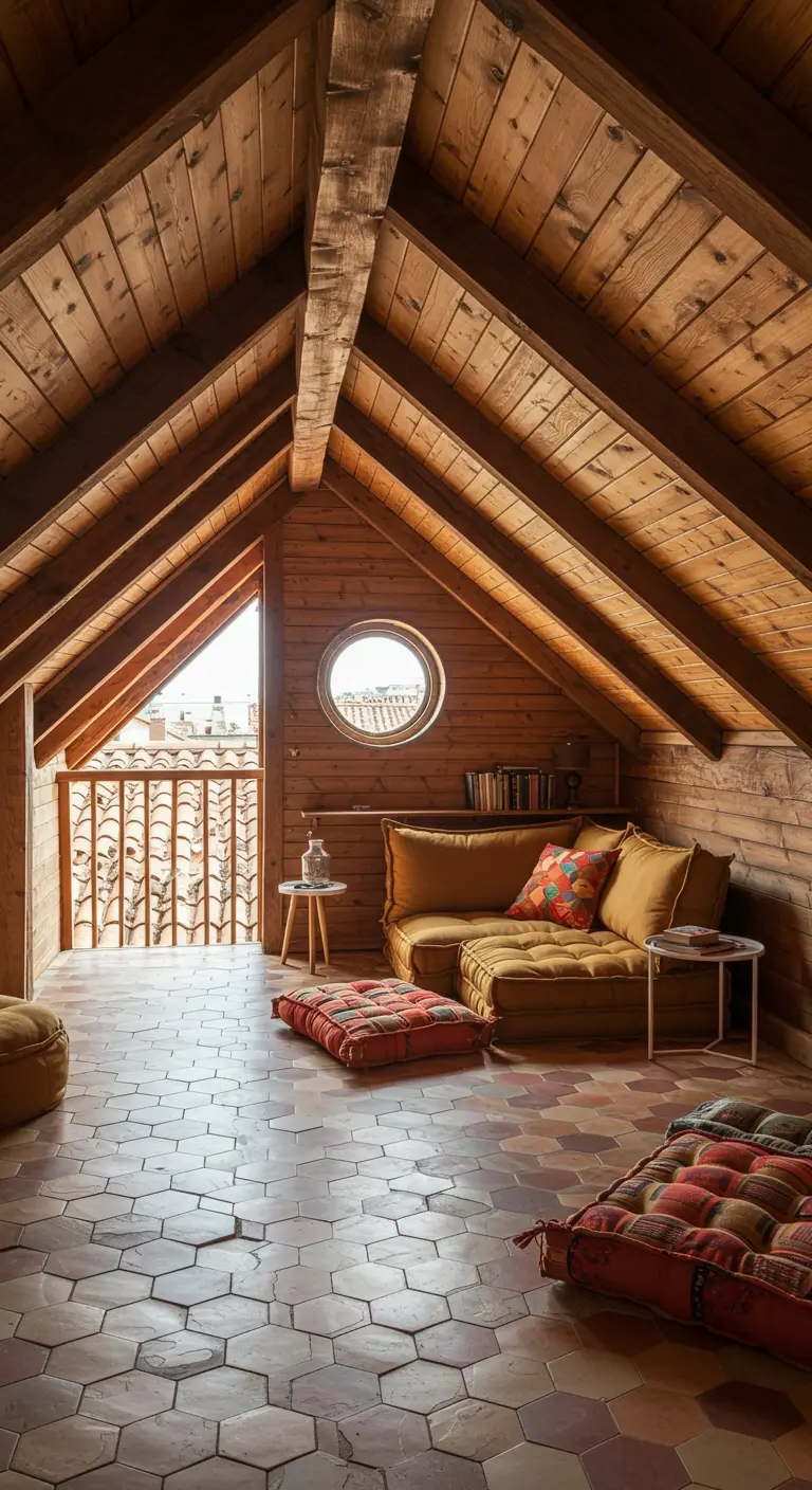 Salon mansardé avec murs en bois, tomettes et coussins de sol colorés.