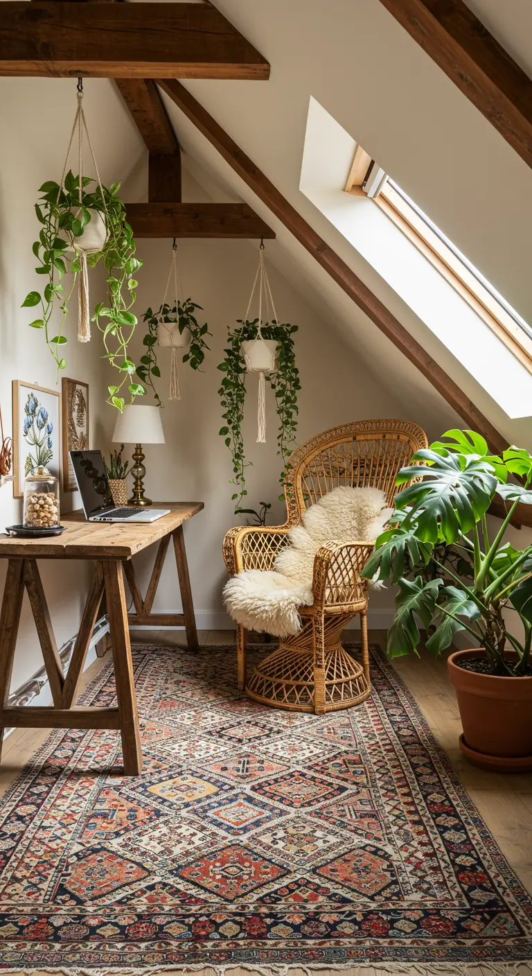 Bureau sous les combles avec poutres, fauteuil en rotin et plantes suspendues.