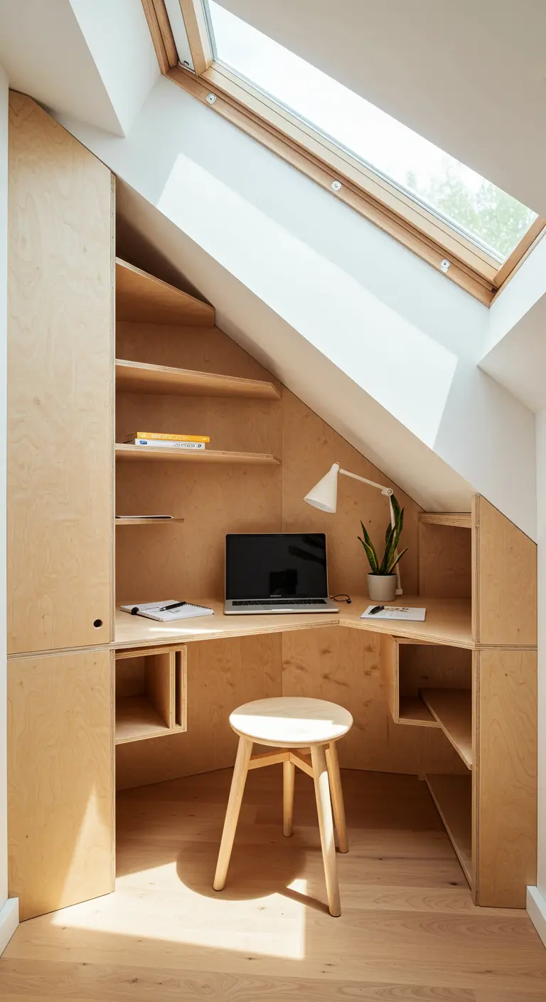 Bureau en contreplaqué sur mesure sous un toit en pente avec une fenêtre de toit.