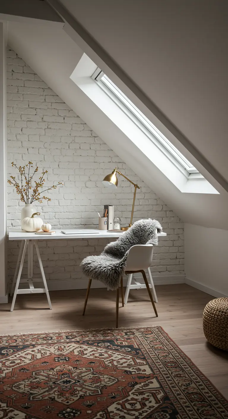 Bureau sous les combles avec mur de briques blanches, tapis oriental et peau de mouton.