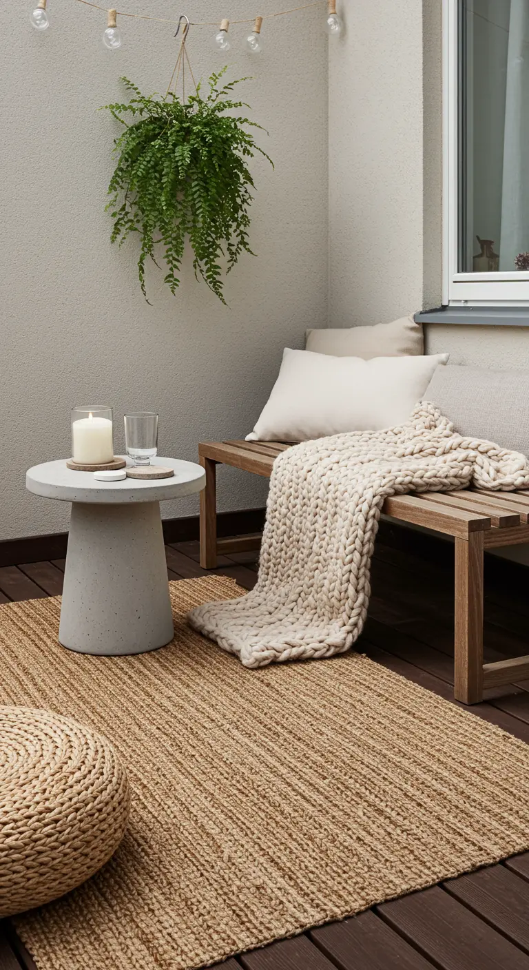 Coin détente sur un balcon avec un banc en bois, une couverture en grosse maille et un tapis en jute.