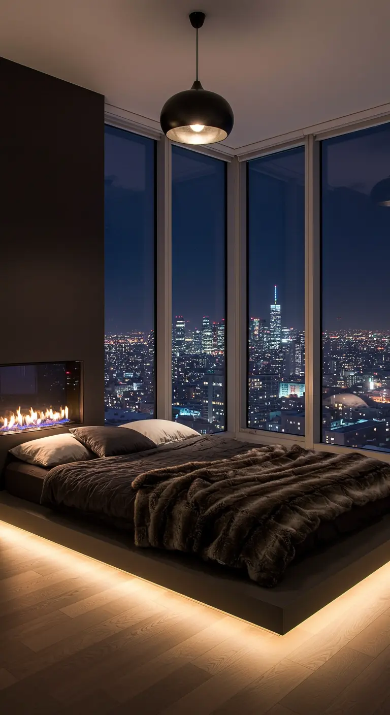 Chambre d'appartement avec vue sur la ville, éclairage LED sous le lit.