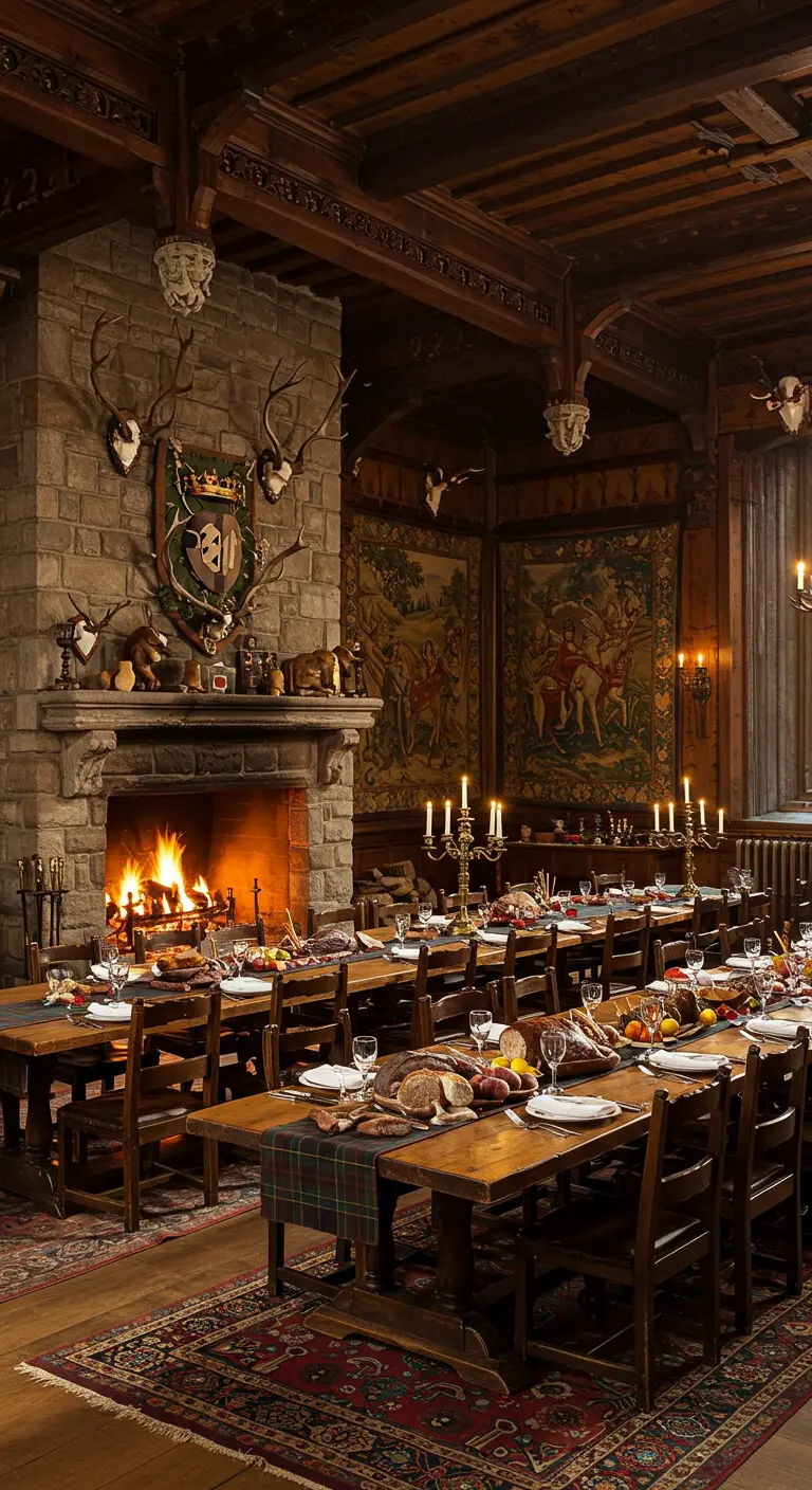 Salle de banquet rustique avec une cheminée en pierre et des trophées de chasse.