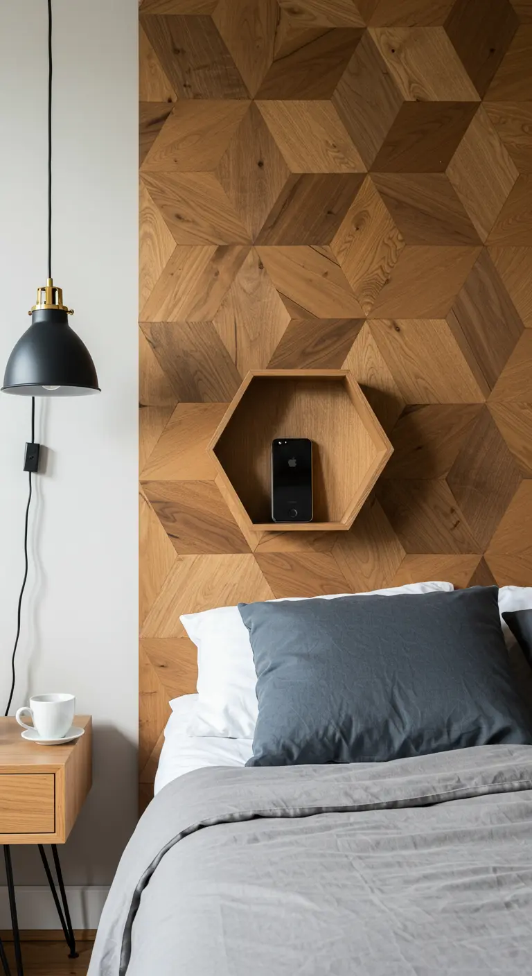 Tête de lit en panneaux de bois 3D avec un motif géométrique et une niche hexagonale.