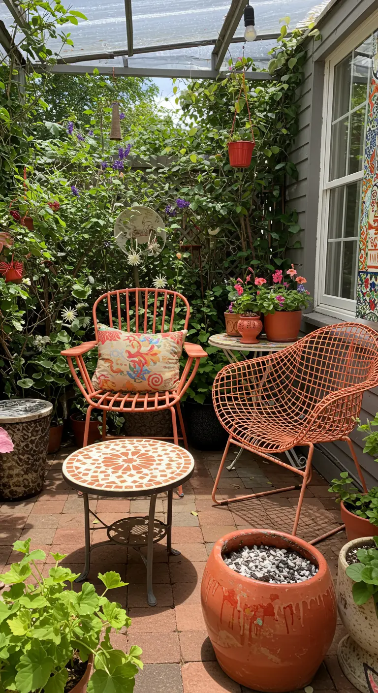 Patio éclectique avec des chaises en métal orange, une table en mosaïque et beaucoup de plantes.
