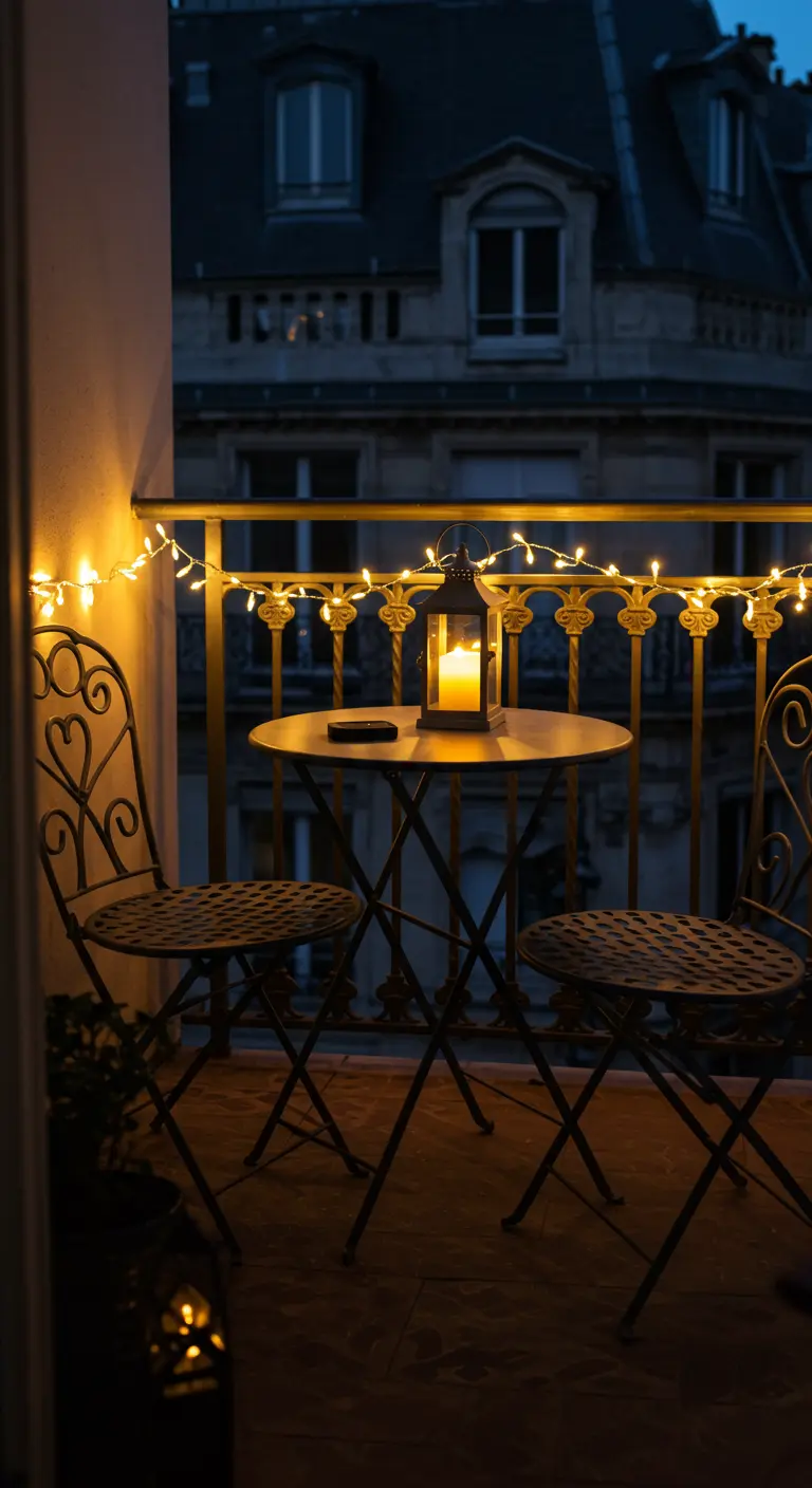 Un petit balcon parisien avec une table et deux chaises, éclairé par une guirlande et une lanterne.