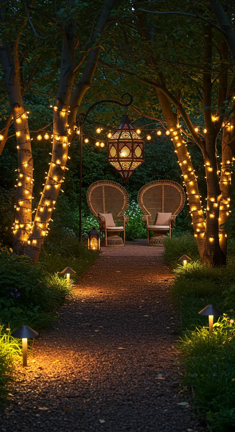Coin salon avec deux fauteuils paon sous des arbres illuminés et une grande lanterne marocaine.