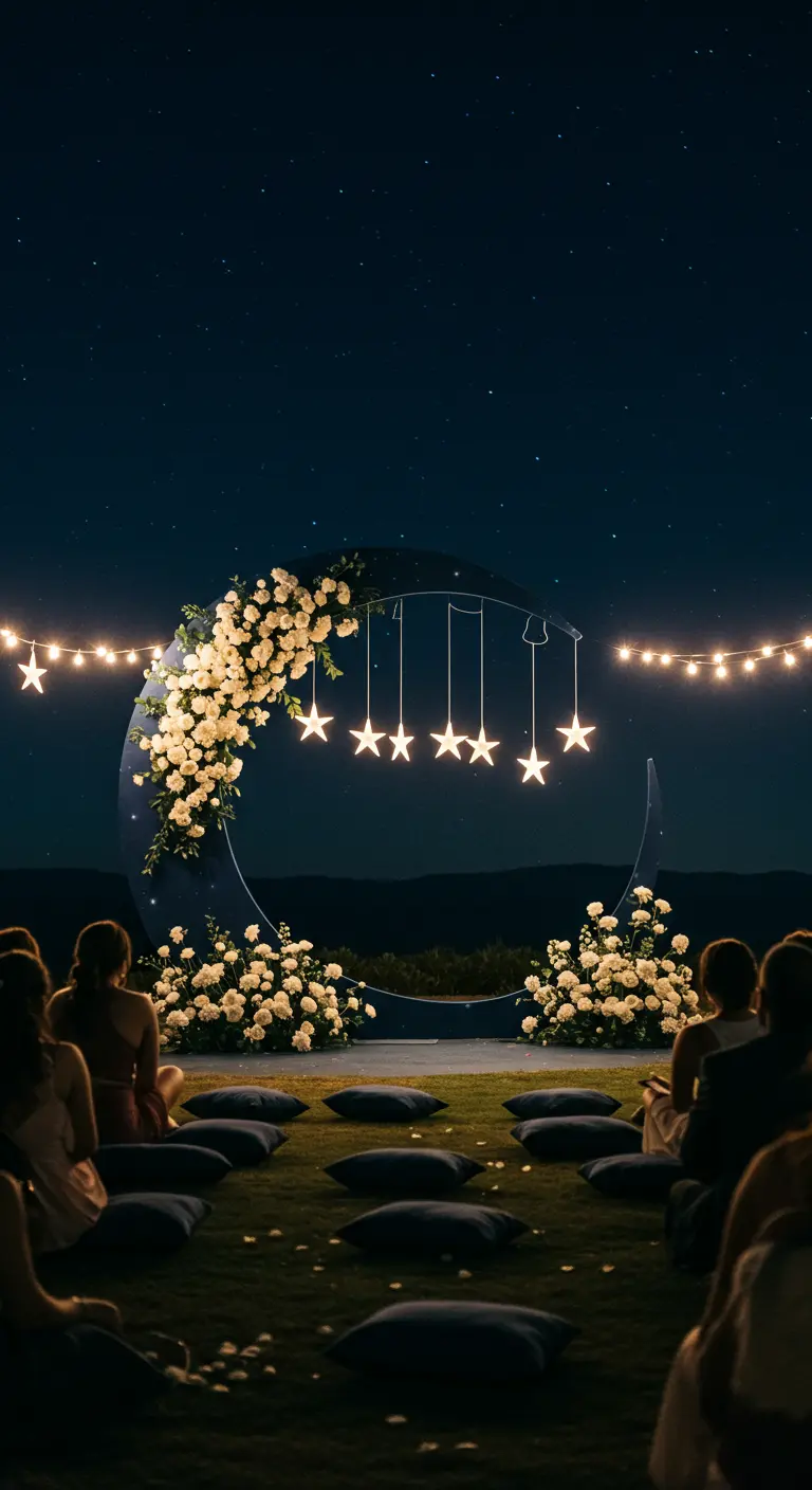 Arche de mariage en forme de croissant de lune avec des roses blanches et des étoiles suspendues.