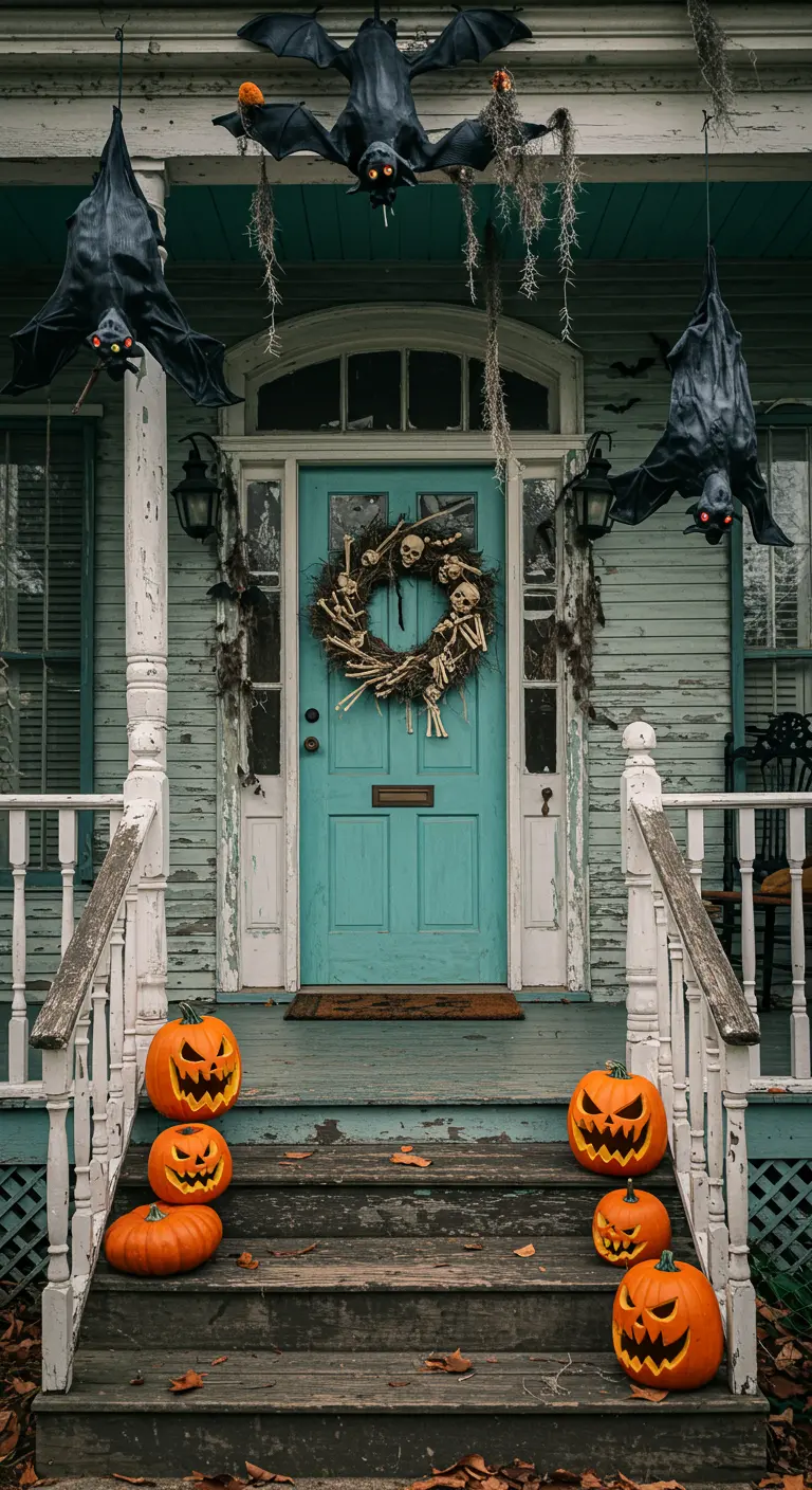 Maison à l'allure hantée avec des chauves-souris suspendues et une couronne de crânes.