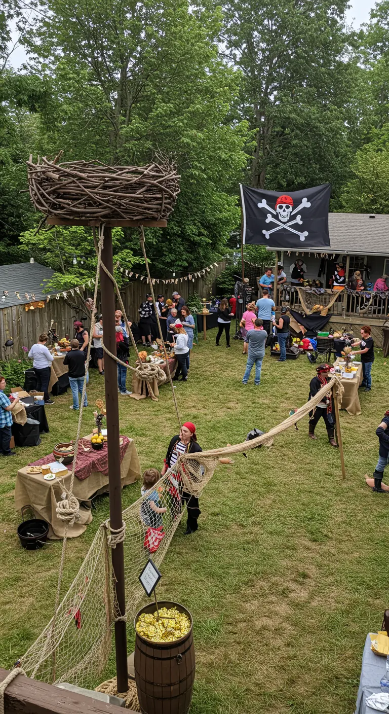 Fête pirate dans un jardin avec un mât central, un drapeau et des tables de buffet.