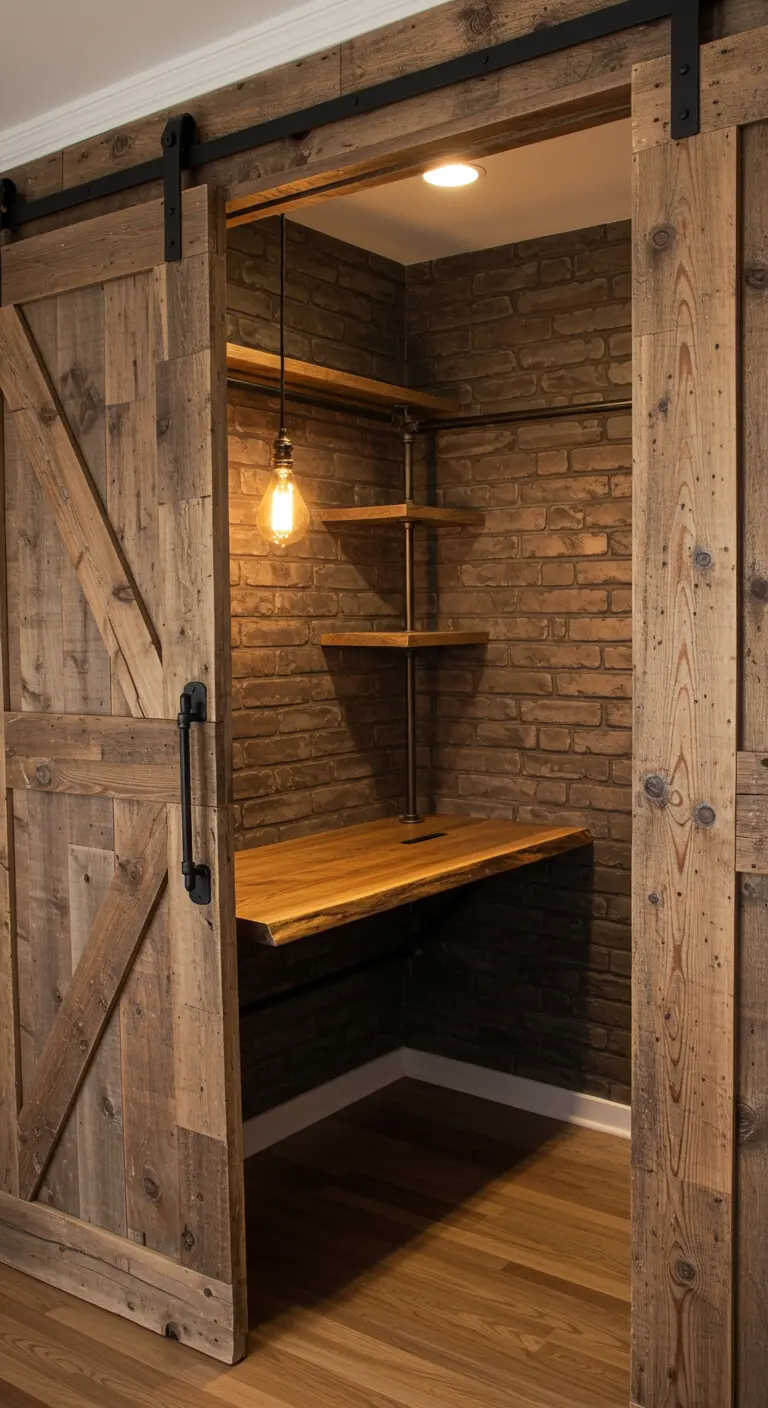 Bureau rustique avec porte de grange, mur de briques et étagères industrielles.