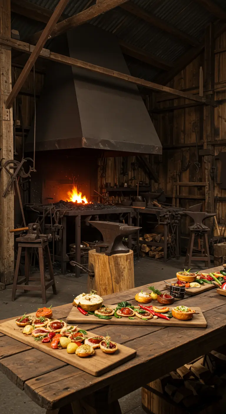 Buffet apéritif sur une table en bois brut dans un atelier de forgeron.