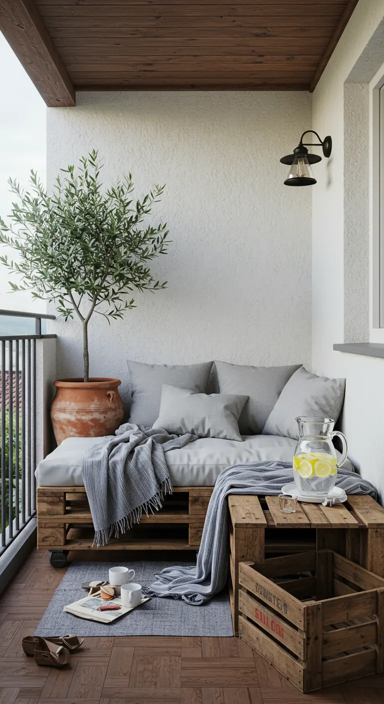 Canapé en palette avec coussins gris et un olivier en pot sur un balcon en bois.