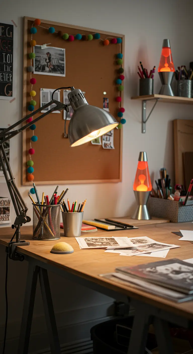 Bureau créatif avec une lampe articulée et deux lampes à lave orange.