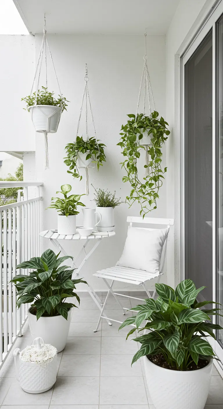 Balcon blanc avec des plantes dans des pots et des suspensions en macramé blancs.