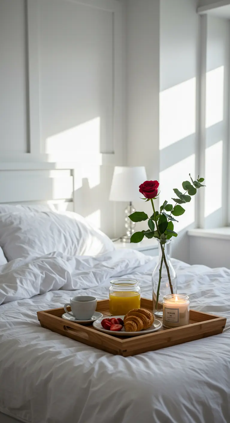 Plateau de petit-déjeuner au lit avec une rose rouge dans un vase.