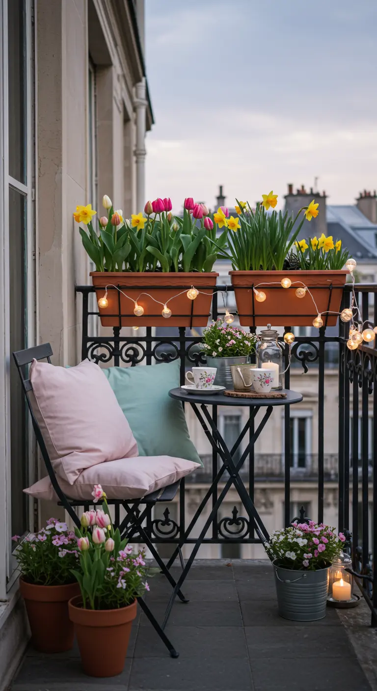 Balcon parisien fleuri de tulipes et jonquilles au printemps.