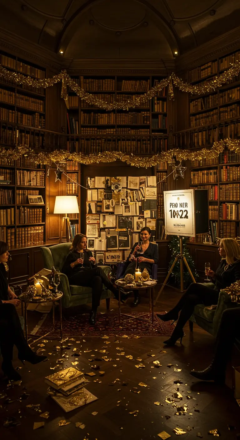 Ambiance de fête chaleureuse dans une bibliothèque avec des guirlandes dorées.