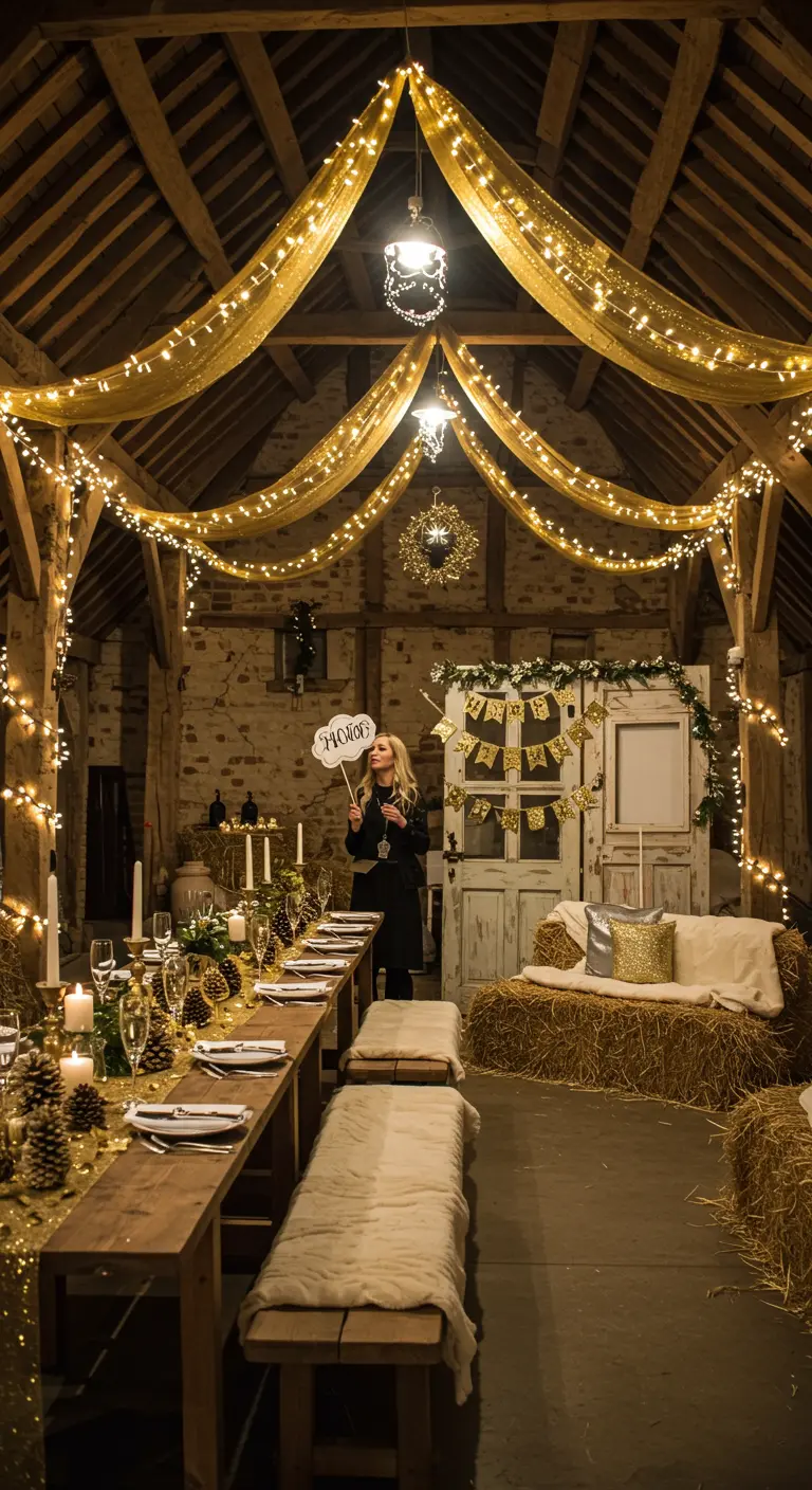 Décoration de fête dans une grange avec des poutres en bois, des guirlandes et une longue table.