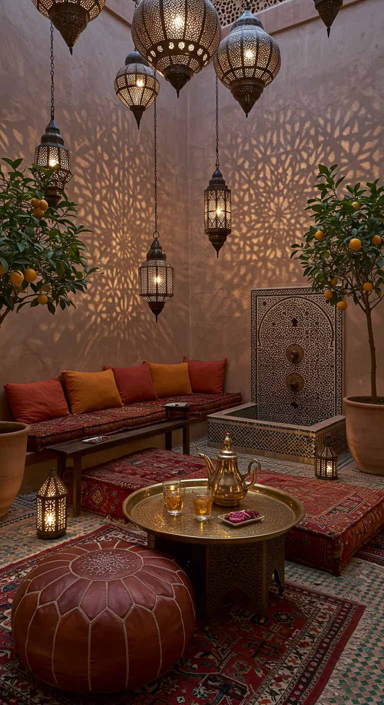 Patio de style marocain avec des lanternes suspendues, des tapis et des coussins au sol.