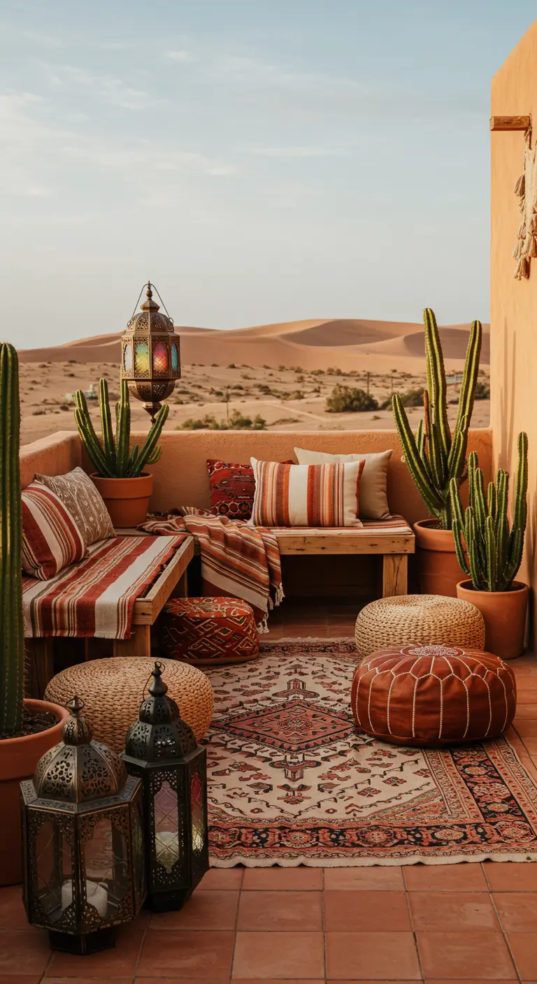 Terrasse désertique avec banquettes, plaids, coussins rayés, cactus et lanternes marocaines.
