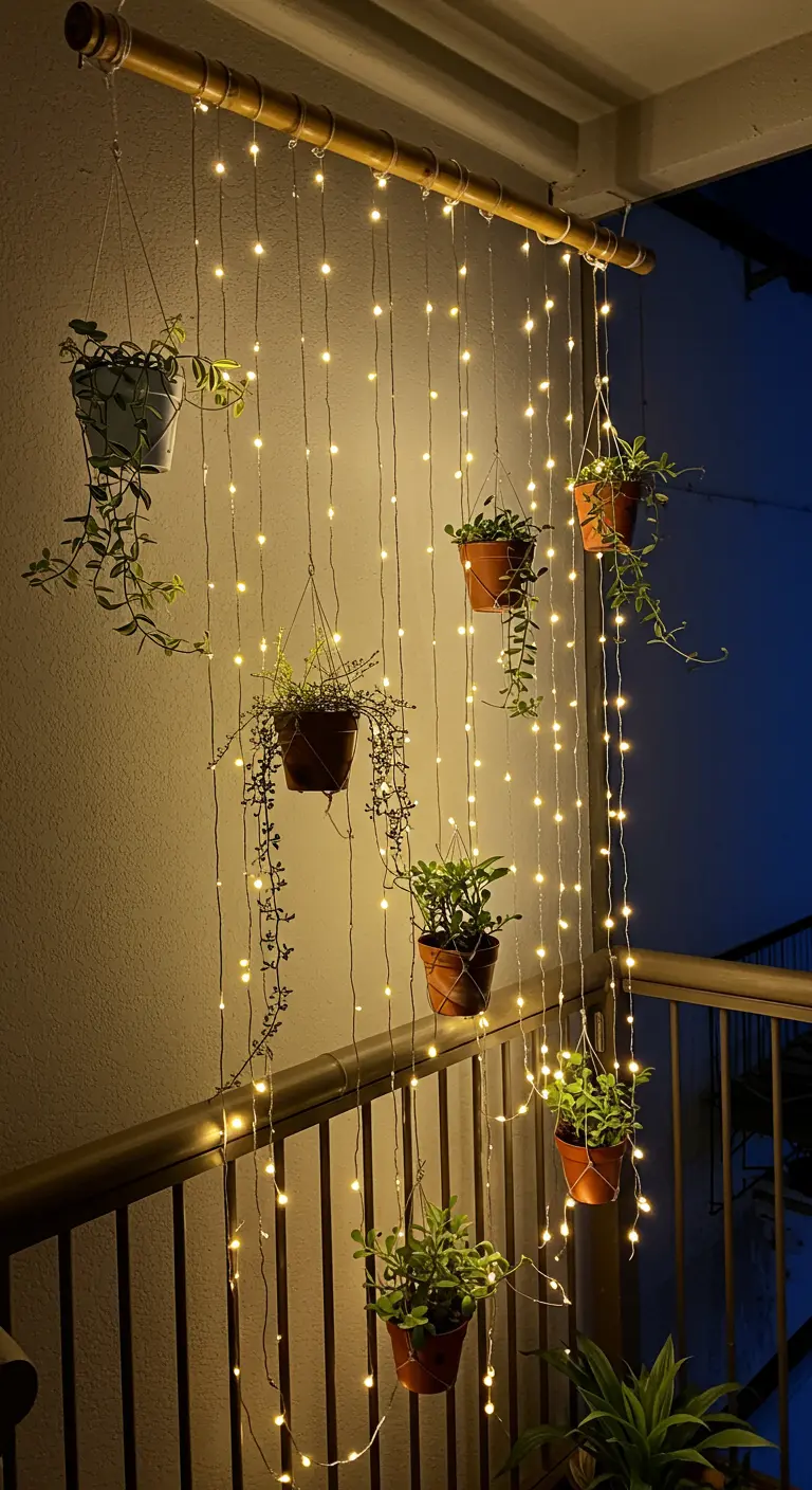 Rideau de guirlandes lumineuses avec des plantes suspendues devant une balustrade de balcon.