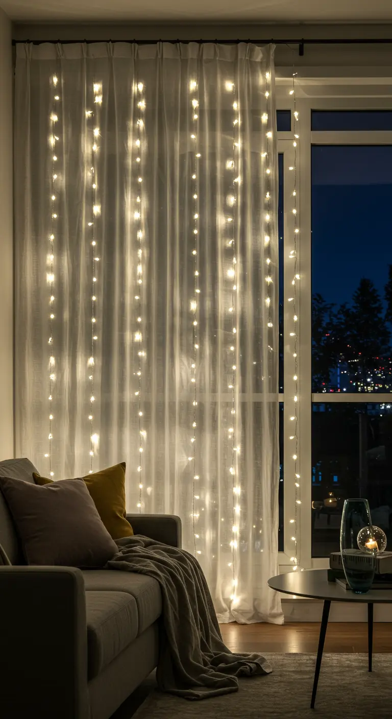 Rideau de guirlandes lumineuses derrière un voilage blanc près d'un canapé.