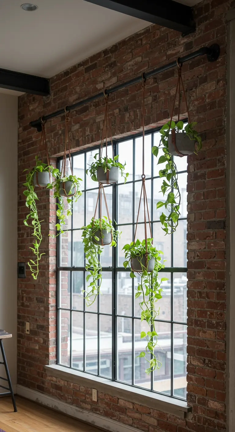 Plantes suspendues à une tringle en métal industriel devant une grande fenêtre en brique.