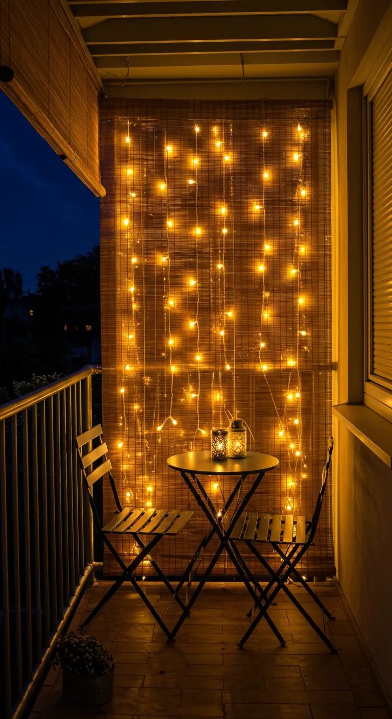 Rideau de guirlandes lumineuses sur un paravent en bambou, éclairant un coin repas.