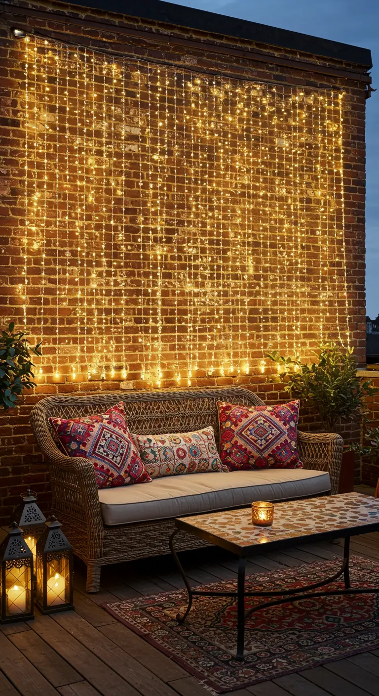 Un rideau de guirlandes lumineuses sur un mur de briques derrière un canapé en rotin.