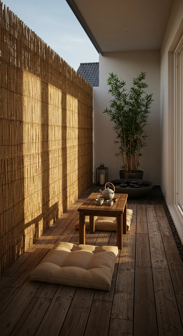 Terrasse zen avec clôture en bambou, table basse et coussins de sol.