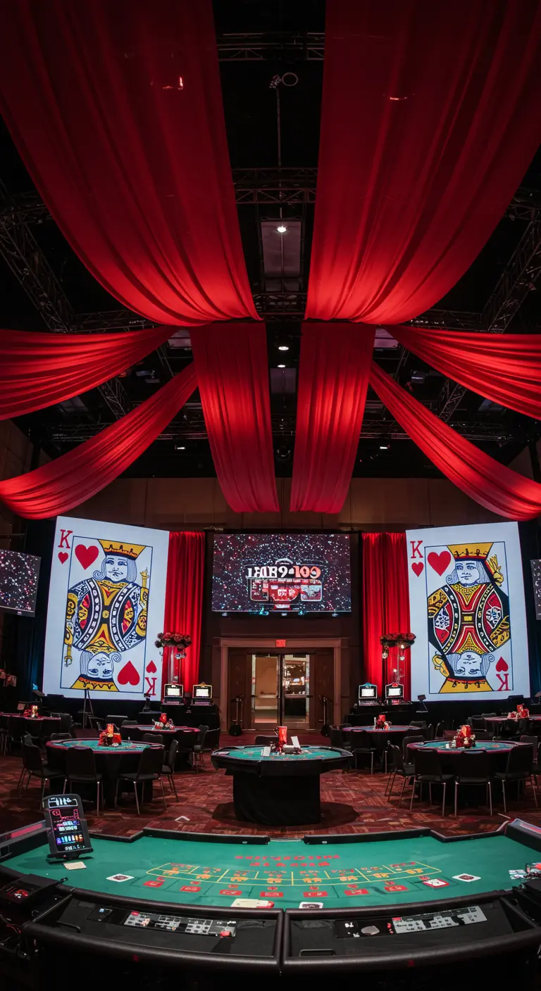 Salle de réception avec des drapés rouges et des cartes de Roi de Cœur projetées.