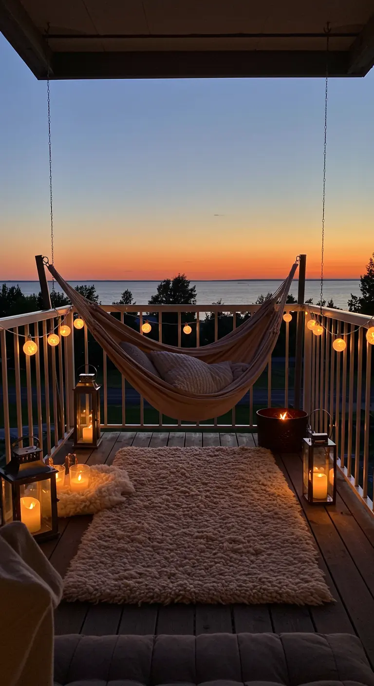 Balcon au coucher du soleil avec hamac, tapis à poils longs, lanternes et bougies.
