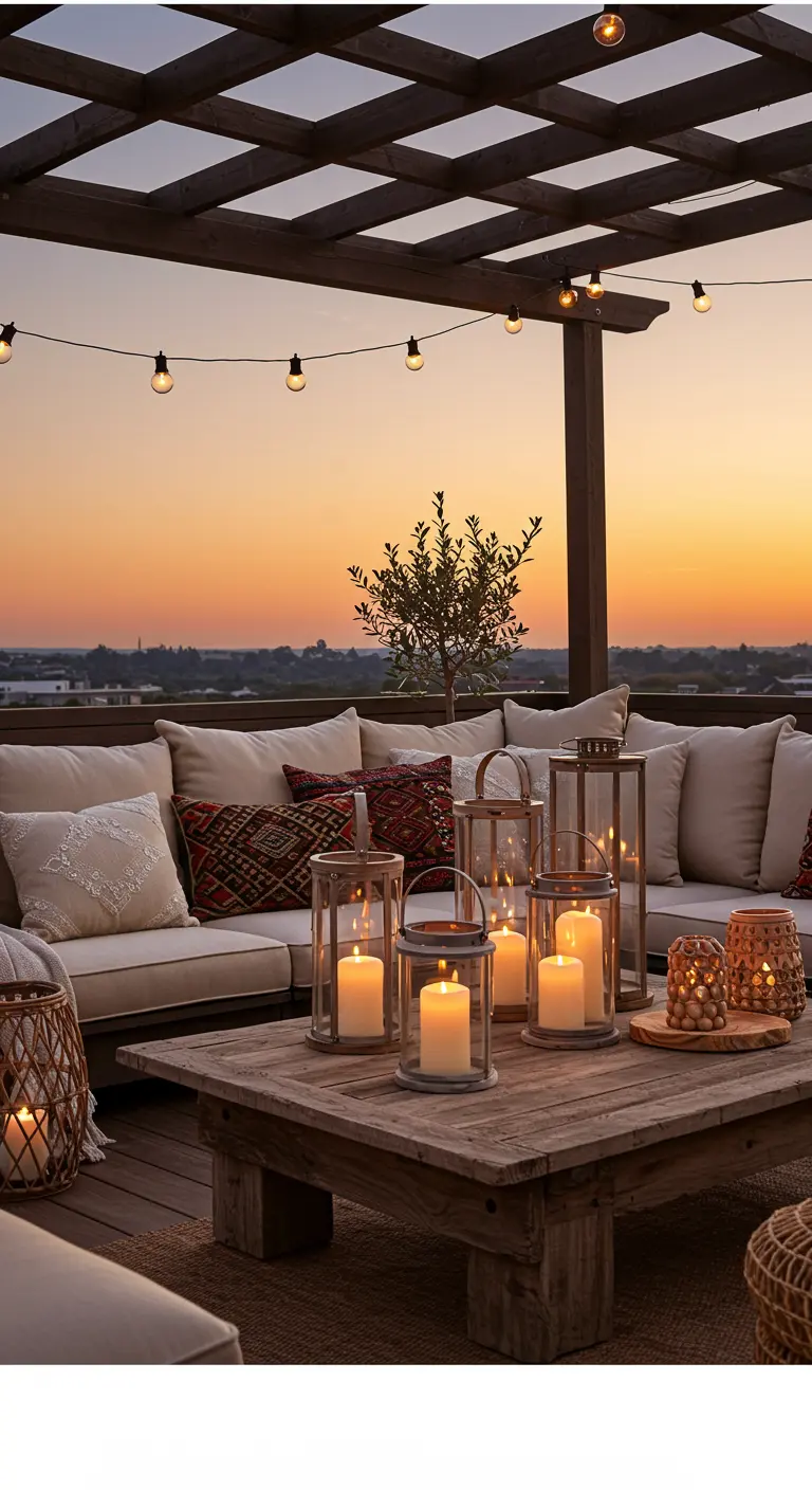Terrasse sur le toit avec un grand canapé, une table en bois et des lanternes à bougies au coucher du soleil.