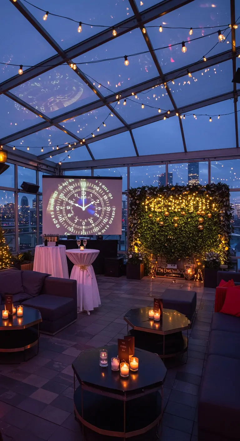 Rooftop aménagé pour une fête avec des guirlandes lumineuses et une horloge projetée.
