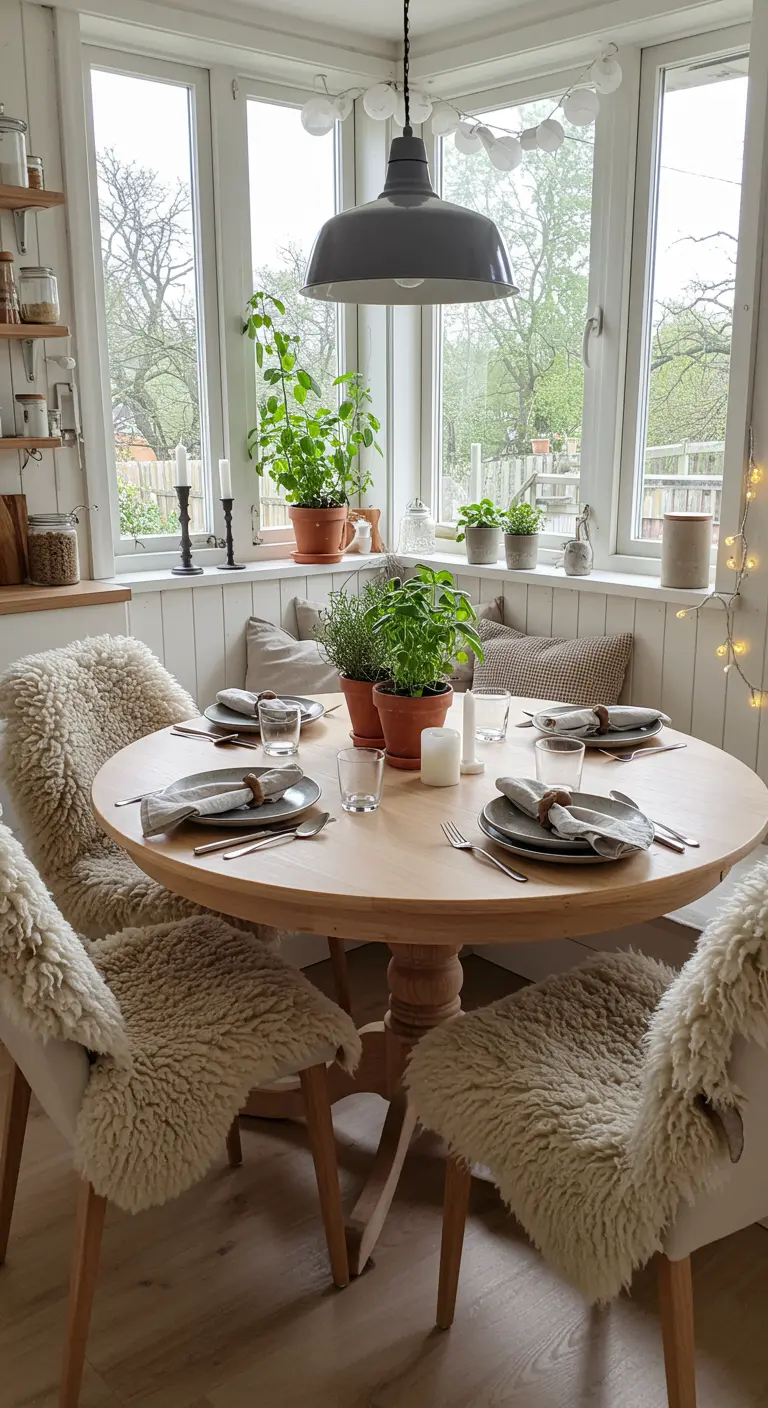 Coin repas douillet avec table ronde en bois, plaids en peau de mouton et plantes en pot.