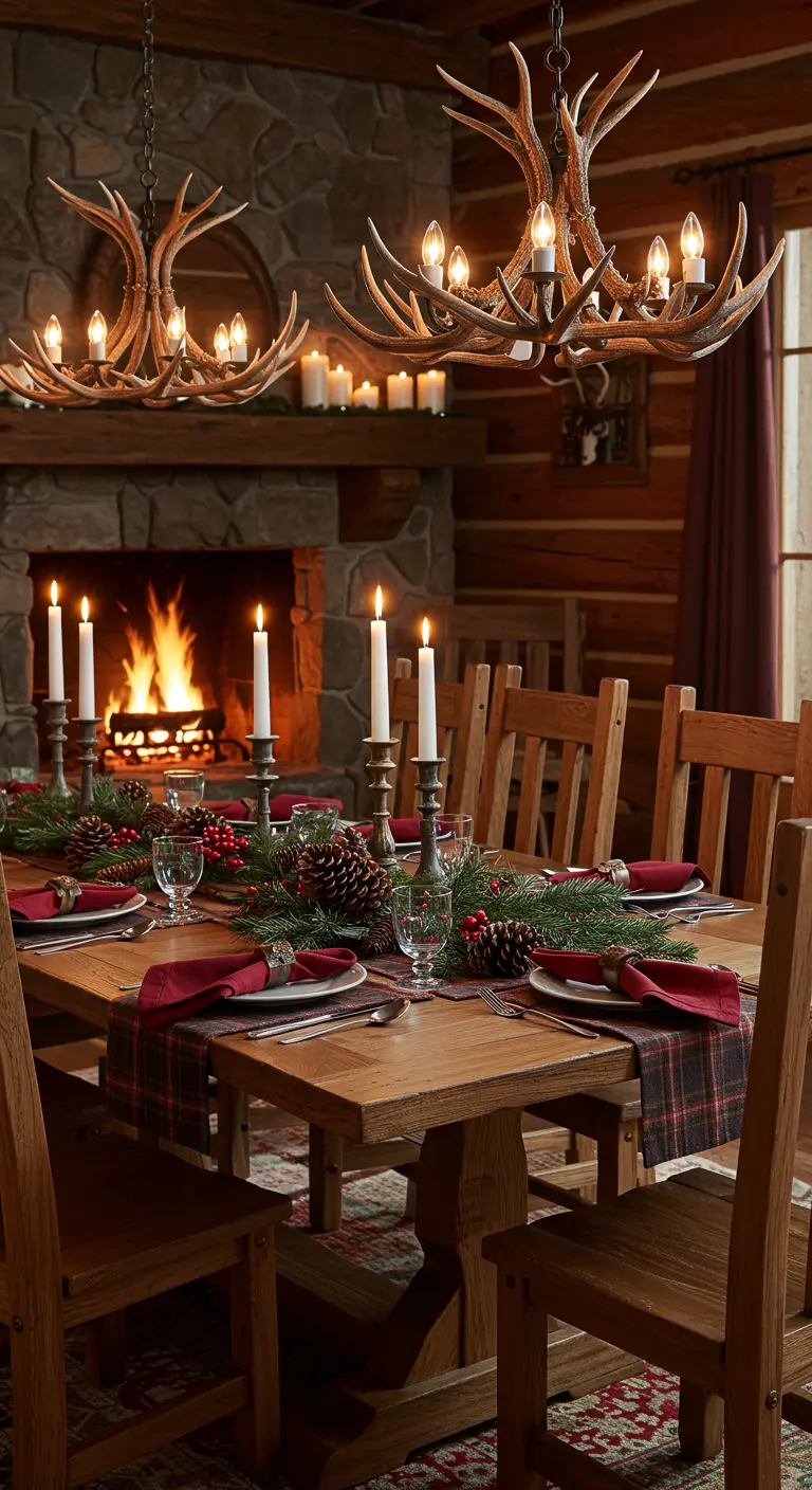 Salle à manger de chalet avec table en bois, chandeliers en bois de cerf, cheminée et décoration de sapin.