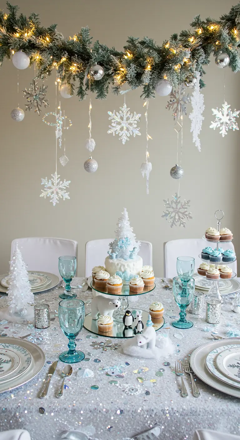 Table d'hiver féerique, argentée et bleue, avec flocons de neige suspendus et figurines.