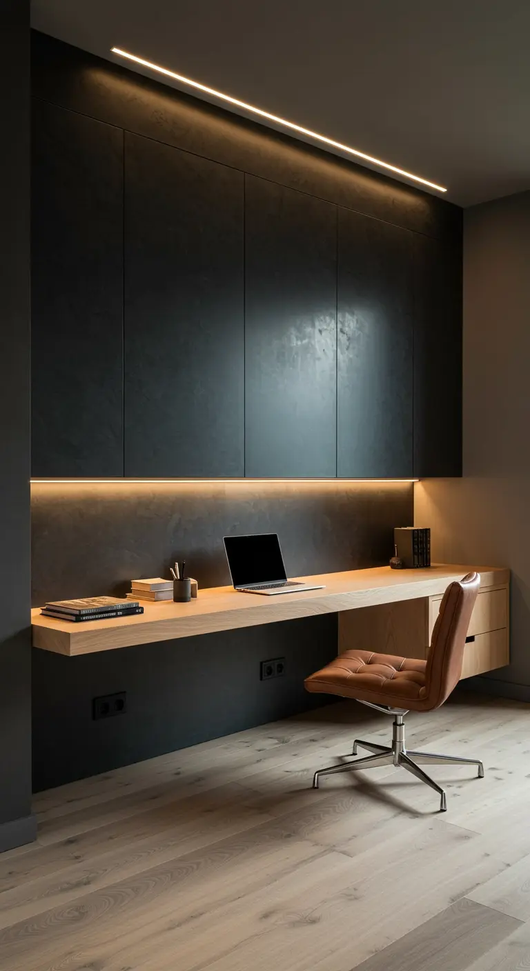Bureau flottant en bois clair sur un mur noir, éclairé par des rubans LED.