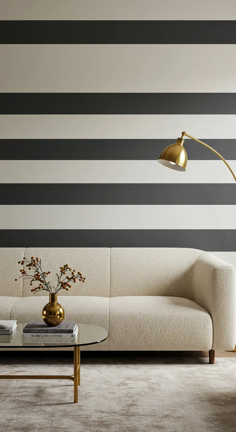 Mur à larges rayures horizontales noires et blanches derrière un canapé bouclette.