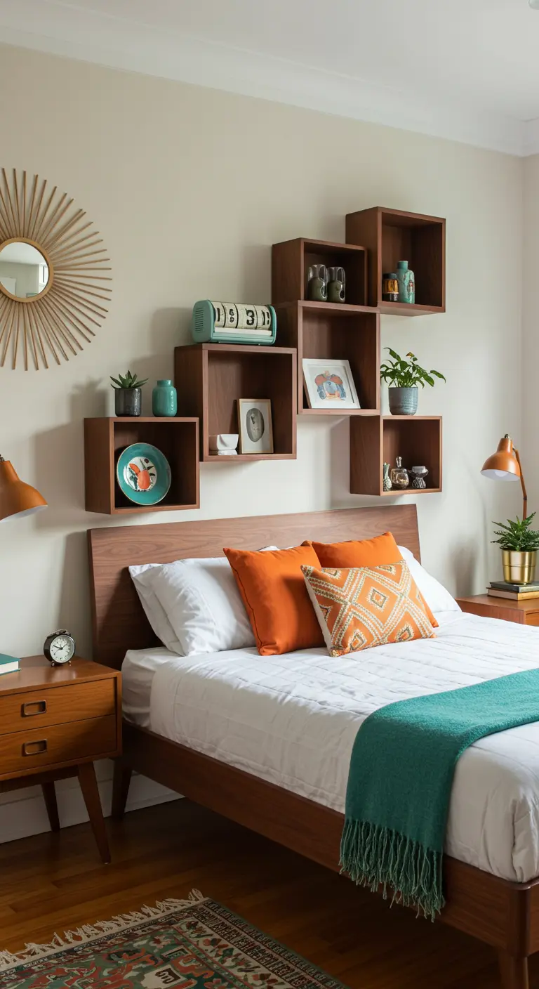 Composition murale de plusieurs caissons en bois de style Mid-Century au-dessus d'un lit.