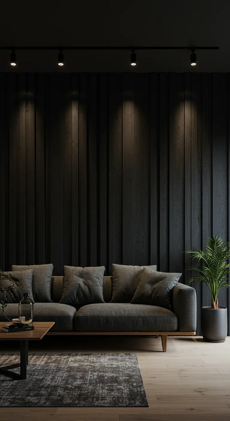 Mur d'accent composé de lattes de bois verticales noires, éclairées par des spots de plafond.