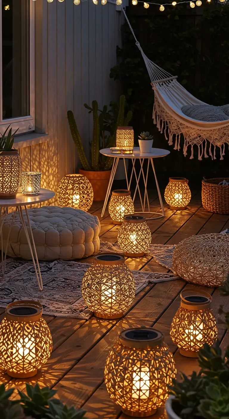 Terrasse en bois avec des lanternes en rotin de différentes tailles, un hamac et des coussins.