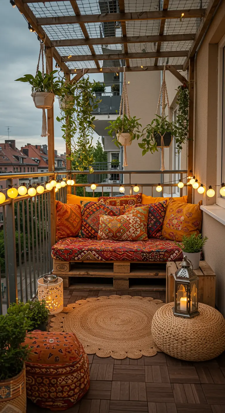 Balcon bohème avec banquette en palettes, coussins colorés, guirlandes lumineuses et plantes suspendues.