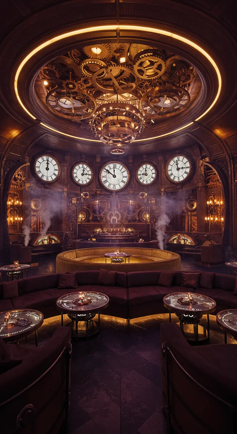Salon Steampunk luxueux avec fauteuils en velours, plafond orné d'engrenages et horloges murales multiples.