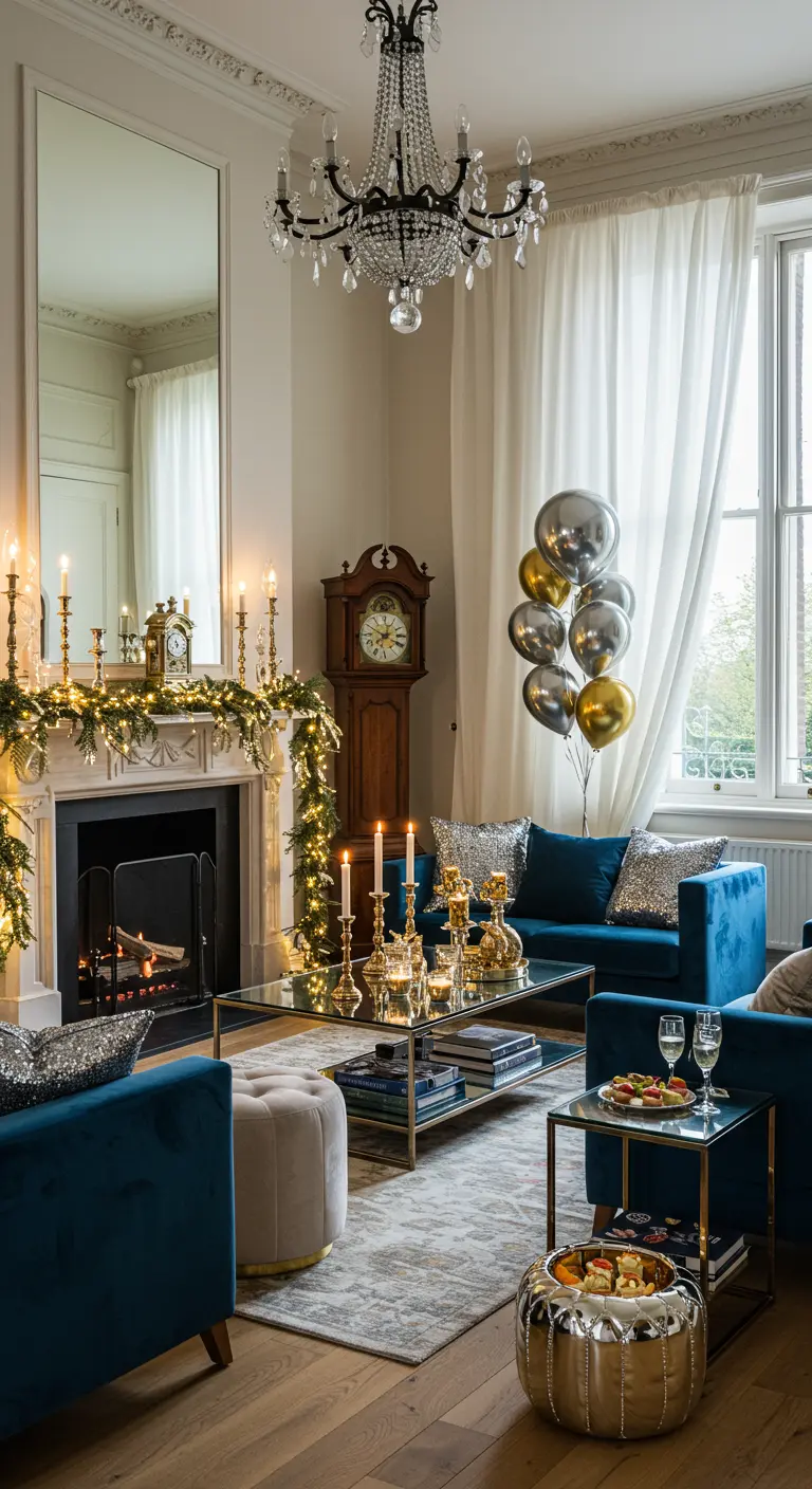 Un salon élégant avec des canapés bleus, des bougeoirs dorés et des ballons métalliques.